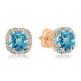 2.40 Carat (ctw) 10K Rose Gold Cushion Cut Blue Topaz & Round Cut White Diamond Ladies Halo Style Stud Earrings