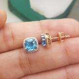 2.40 Carat (ctw) 10K Rose Gold Cushion Cut Blue Topaz & Round Cut White Diamond Ladies Halo Style Stud Earrings