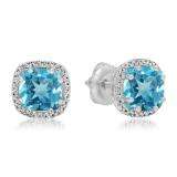 2.40 Carat (ctw) 10K White Gold Cushion Cut Blue Topaz & Round Cut White Diamond Ladies Halo Style Stud Earrings