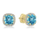 2.40 Carat (ctw) 10K Yellow Gold Cushion Cut Blue Topaz & Round Cut White Diamond Ladies Halo Style Stud Earrings