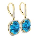 18.45 Carat (ctw) 14K Yellow Gold Round Blue Topaz & White Diamond Ladies Halo Style Dangling Drop Earrings