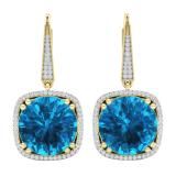 18.45 Carat (ctw) 14K Yellow Gold Round Blue Topaz & White Diamond Ladies Halo Style Dangling Drop Earrings