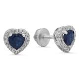 1.30 Carat (ctw) 10K White Gold Heart Cut Blue Sapphire & Round Cut White Diamond Ladies Halo Stud Earrings