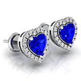 1.30 Carat (ctw) 10K White Gold Heart Cut Blue Sapphire & Round Cut White Diamond Ladies Halo Stud Earrings