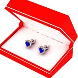 1.30 Carat (ctw) 10K White Gold Heart Cut Blue Sapphire & Round Cut White Diamond Ladies Halo Stud Earrings
