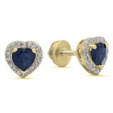 1.30 Carat (ctw) 18K Yellow Gold Heart Cut Blue Sapphire & Round Cut White Diamond Ladies Halo Stud Earrings
