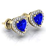 1.30 Carat (ctw) 18K Yellow Gold Heart Cut Blue Sapphire & Round Cut White Diamond Ladies Halo Stud Earrings
