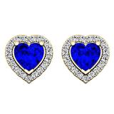 1.30 Carat (ctw) 18K Yellow Gold Heart Cut Blue Sapphire & Round Cut White Diamond Ladies Halo Stud Earrings