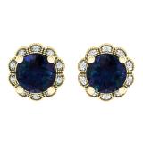 2.20 Carat (ctw) 18K Yellow Gold Round Cut Blue Sapphire & White Diamond Ladies Flower Shape Cluster Halo Style Fashion Stud Earrings