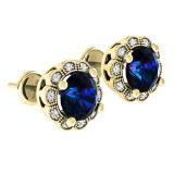 2.20 Carat (ctw) 18K Yellow Gold Round Cut Blue Sapphire & White Diamond Ladies Flower Shape Cluster Halo Style Fashion Stud Earrings