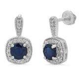 1.45 Carat (ctw) 10K White Gold Round Cut Blue Sapphire & White Diamond Ladies Halo Style Dangling Earrings 1 1/2 CT