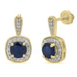 1.45 Carat (ctw) 10K Yellow Gold Round Cut Blue Sapphire & White Diamond Ladies Halo Style Dangling Earrings 1 1/2 CT