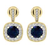 1.45 Carat (ctw) 10K Yellow Gold Round Cut Blue Sapphire & White Diamond Ladies Halo Style Dangling Earrings 1 1/2 CT