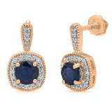 1.45 Carat (ctw) 14K Rose Gold Round Cut Blue Sapphire & White Diamond Ladies Halo Style Dangling Earrings 1 1/2 CT