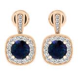 1.45 Carat (ctw) 14K Rose Gold Round Cut Blue Sapphire & White Diamond Ladies Halo Style Dangling Earrings 1 1/2 CT
