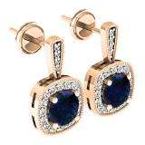 1.45 Carat (ctw) 14K Rose Gold Round Cut Blue Sapphire & White Diamond Ladies Halo Style Dangling Earrings 1 1/2 CT
