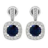1.45 Carat (ctw) 14K White Gold Round Cut Blue Sapphire & White Diamond Ladies Halo Style Dangling Earrings 1 1/2 CT