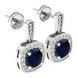1.45 Carat (ctw) 14K White Gold Round Cut Blue Sapphire & White Diamond Ladies Halo Style Dangling Earrings 1 1/2 CT