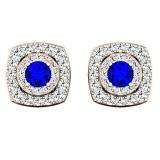 1.42 Carat (ctw) 10K Rose Gold Round Cut Blue Sapphire & White Diamond Ladies Halo Style Stud Earrings