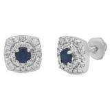 1.42 Carat (ctw) 10K White Gold Round Cut Blue Sapphire & White Diamond Ladies Halo Style Stud Earrings