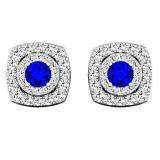 1.42 Carat (ctw) 10K White Gold Round Cut Blue Sapphire & White Diamond Ladies Halo Style Stud Earrings
