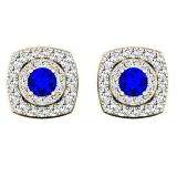 1.42 Carat (ctw) 18K Yellow Gold Round Cut Blue Sapphire & White Diamond Ladies Halo Style Stud Earrings