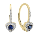 0.50 Carat (ctw) 10K Yellow Gold Round Cut Blue Sapphire & White Diamond Ladies Heart Shaped Halo Style Dangling Drop Earrings 1/2 CT