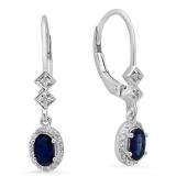 0.80 Carat (ctw) 14K White Gold Oval Cut Blue Sapphire & Round Cut White Diamond Ladies Halo Style Dangling Drop Earrings 3/4 CT