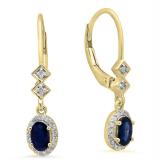 0.80 Carat (ctw) 14K Yellow Gold Oval Cut Blue Sapphire & Round Cut White Diamond Ladies Halo Style Dangling Drop Earrings 3/4 CT