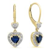 1.50 Carat (ctw) 18K Yellow Gold Heart Cut Blue Sapphire & Round Cut White Diamond Ladies Heart Dangling Drop Earrings 1 1/2 CT