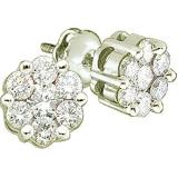 1.05 Carat (ctw) 10K White Gold Round Cut White Diamond Ladies Cluster Style Flower Stud Earrings 1 CT