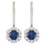 1.35 Carat (ctw) 14K Yellow Gold Round Blue Sapphire & Diamond Ladies Halo Style Dangling Drop Earrings 1 1/3 CT