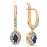 0.75 Carat (ctw) 10K Rose Gold Oval Cut Blue Sapphire & Round Diamond Ladies Halo Style Dangling Drop Earrings 1/3 CT