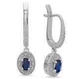 0.75 Carat (ctw) 14K White Gold Oval Cut Blue Sapphire & Round Diamond Ladies Halo Style Dangling Drop Earrings 1/3 CT