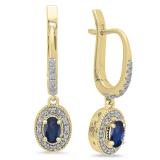 0.75 Carat (ctw) 14K Yellow Gold Oval Cut Blue Sapphire & Round Diamond Ladies Halo Style Dangling Drop Earrings 1/3 CT