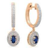 1.10 Carat (ctw) 14K Rose Gold Oval Cut Blue Sapphire & Round Diamond Ladies Halo Style Dangling Drop Earrings 1 1/10 CT