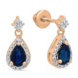0.95 Carat (ctw) 10K Rose Gold Pear Cut Blue Sapphire & Round Diamond Ladies Halo Style Dangling Drop Earrings 1 CT