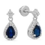 0.95 Carat (ctw) 10K White Gold Pear Cut Blue Sapphire & Round Diamond Ladies Halo Style Dangling Drop Earrings 1 CT