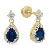 0.95 Carat (ctw) 10K Yellow Gold Pear Cut Blue Sapphire & Round Diamond Ladies Halo Style Dangling Drop Earrings 1 CT
