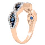 1.00 Carat (ctw) 14K Rose Gold Round Blue Sapphire & White Diamond Ladies Bridal Stackable Anniversary Wedding Band Swirl Ring 1 CT