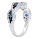 1.00 Carat (ctw) 14K White Gold Round Blue Sapphire & White Diamond Ladies Bridal Stackable Anniversary Wedding Band Swirl Ring 1 CT