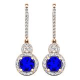1.50 Carat (ctw) 14K Rose Gold Round Cut Blue Sapphire & White Diamond Ladies Halo Style Dangling Drop Earrings 1 1/2 CT