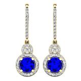1.50 Carat (ctw) 14K Yellow Gold Round Cut Blue Sapphire & White Diamond Ladies Halo Style Dangling Drop Earrings 1 1/2 CT