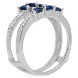 1.00 Carat (ctw) 14K White Gold Trillion Cut Blue Sapphire & Round Cut White Diamond Ladies Anniversary Wedding Band Enhancer Guard Ring 1 CT