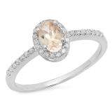 0.75 Carat (ctw) Sterling Silver Oval Cut Morganite & Round Cut White Diamond Ladies Bridal Halo Style Engagement Ring 3/4 CT
