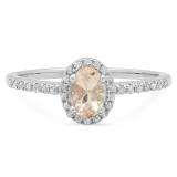 0.75 Carat (ctw) Sterling Silver Oval Cut Morganite & Round Cut White Diamond Ladies Bridal Halo Style Engagement Ring 3/4 CT