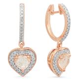 1.40 Carat (ctw) Rose Gold Plated Sterling Silver Heart Cut Morganite & Round Cut White Diamond Ladies Heart Dangling Drop Earrings