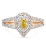 0.95 Carat (ctw) 18K Rose Gold Pear Cut Yellow & Round Cut White Diamond Ladies Bridal Halo Split Shank Engagement Ring 1 CT