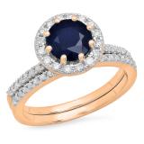 2.50 Carat (ctw) 10K Rose Gold Round Cut Blue Sapphire & White Diamond Ladies Bridal Halo Engagement Ring With Matching Band Set