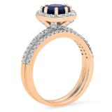 2.50 Carat (ctw) 10K Rose Gold Round Cut Blue Sapphire & White Diamond Ladies Bridal Halo Engagement Ring With Matching Band Set